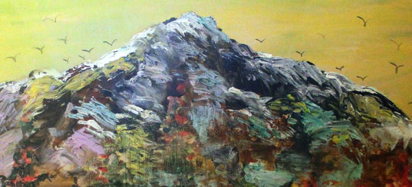 "Mountain Rainier in Yellow Sky", 24"x36", 2016, acrylic on canvas, original art, mountain artwork - alicechanart