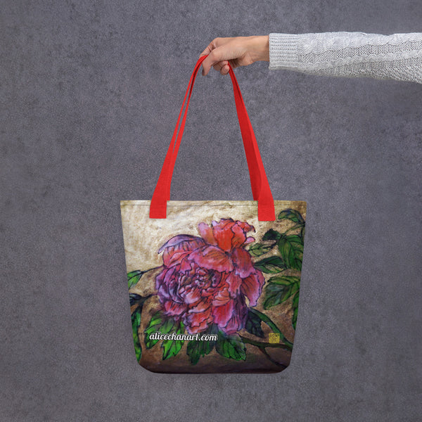 Chinese Peonies Floral Tote Bag, Peonies Floral Rose Print Designer Tote Art Bag, Square Size 15"x15" Luxury Premium Quality Machine Washable Eco-Friendly Reusable Washable Art Market Bag- Made in USA/EU/ Mexico