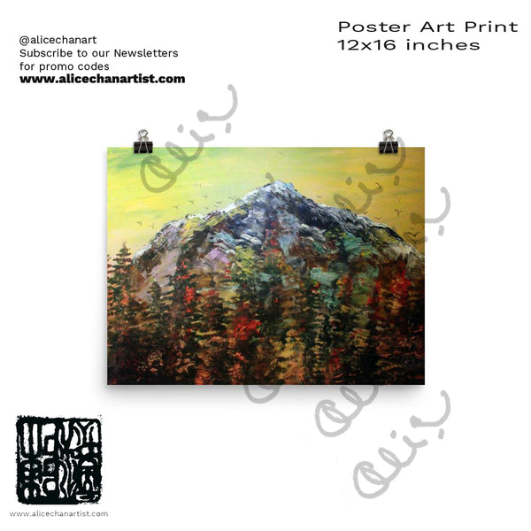 "Mountain Rainier in Yellow Sky", Poster Art Print - Made in USA - alicechanart