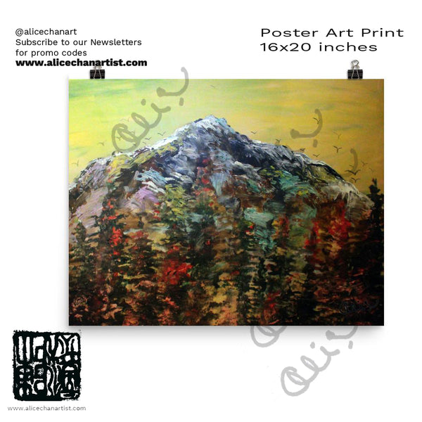 "Mountain Rainier in Yellow Sky", Poster Art Print - Made in USA - alicechanart