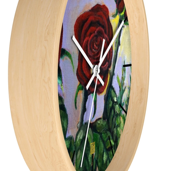 Red Rose in Pink Sky Floral 10 inch Modern Girlie Wall Clock - Made in USA - alicechanart