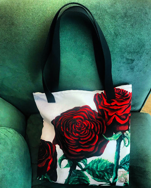 Triple Red Roses in Silver, Spun Polyester Fabric 15" x 15" Size Dual Handles Tote Bag - alicechanart