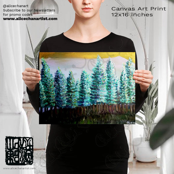 "Trees in Golden Sky", Pine Trees Mountain Canvas Art Print, Pacific Northwest Art, Made in USA - alicechanart