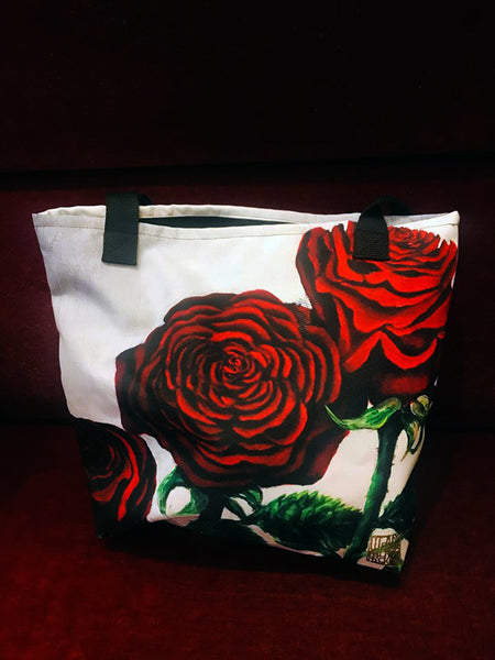 Triple Floral Red Roses in Silver, Floral Print 15"x15" Floral Print Tote Bag, Made in USA - alicechanart