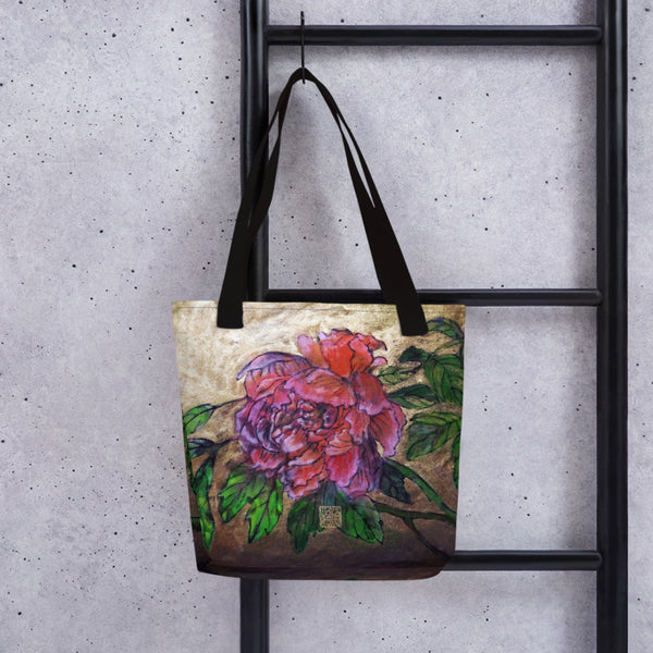 Pink Peony in Gold Accent Floral Print, Women's Art 15"x15" Tote Bag, Made in USA - alicechanart