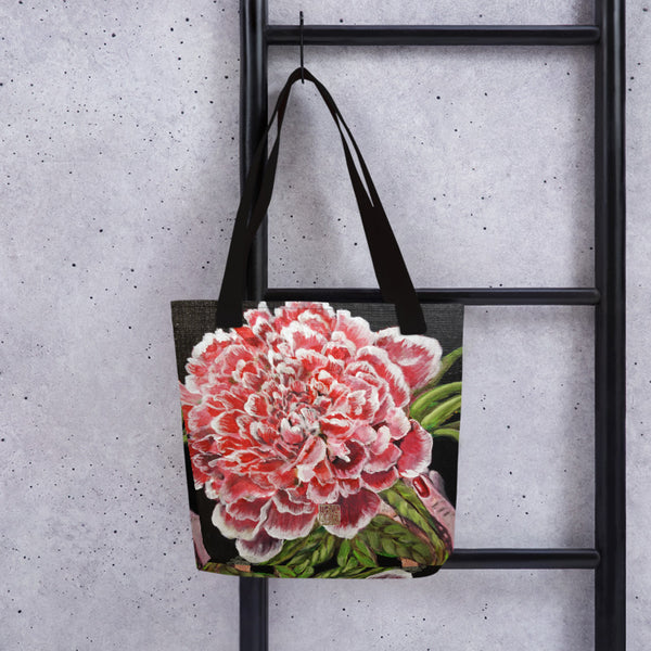 Chinese Red Peony in Black Floral Printed Women's 15"x15" Tote Bag, Made in USA - alicechanart