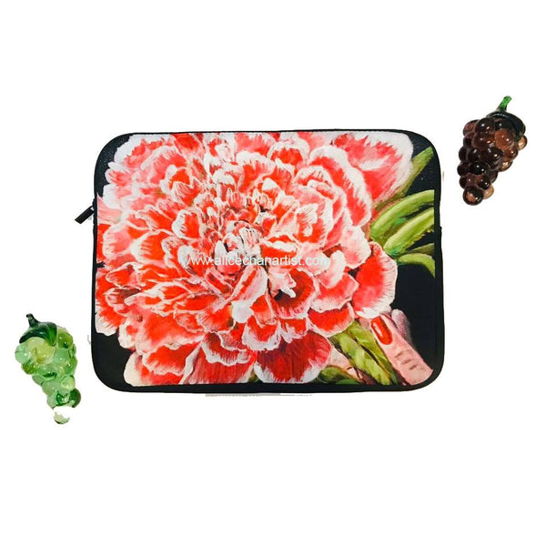 Red Chinese Peony, Red Floral Print Designer Laptop Sleeve - 15 in/ 13 in - alicechanart