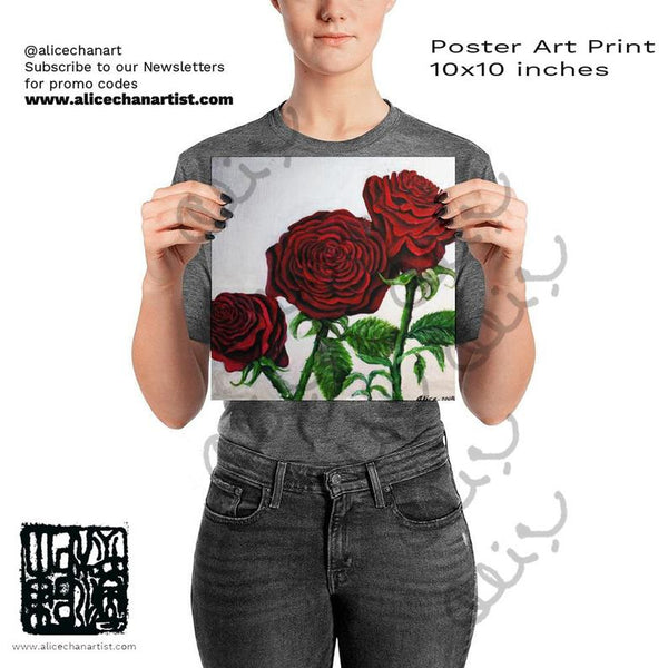 Romantic Triple Deep Red Roses in Silver Poster Art Print, Made in USA - alicechanart