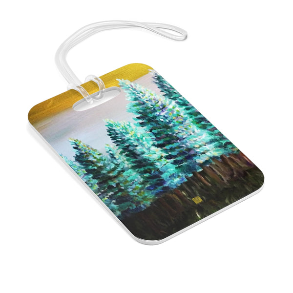 "Trees in Golden Sky", Pine Trees Glossy Lightweight Plastic Bag Tag, Made in USA - alicechanart