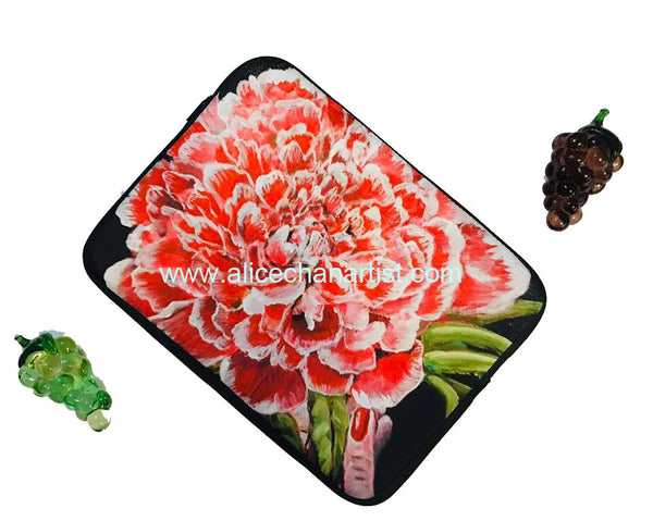 Red Chinese Peony, Red Floral Print Designer Laptop Sleeve - 15 in/ 13 in - alicechanart