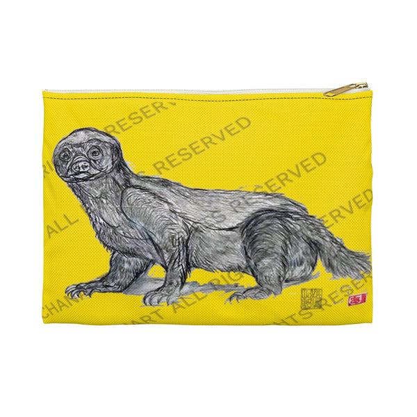 Lemon Yellow Honey Badger Cute Small 9"x6" Or Large 12"x9" Size Flat Accessory Pouch- Made in USA - alicechanart