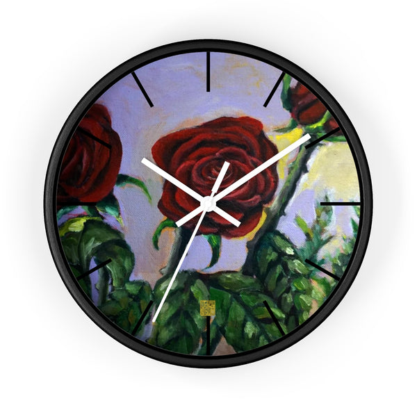 Red Rose in Pink Sky Floral 10 inch Modern Girlie Wall Clock - Made in USA - alicechanart
