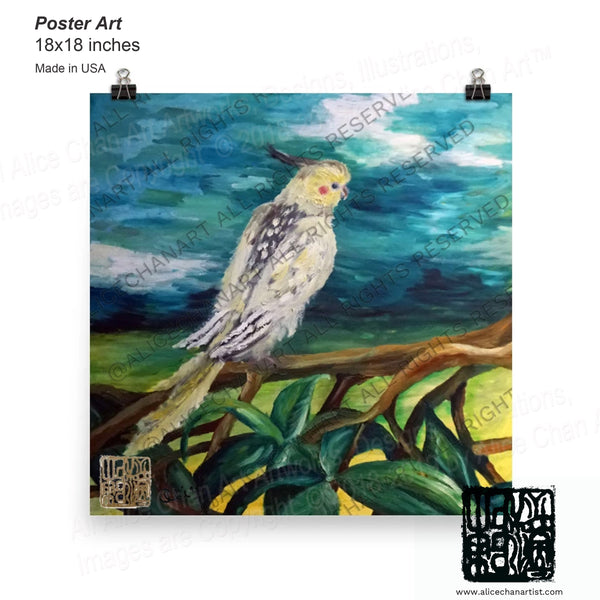 Cockatiel White Parrot Resting On A Tree Branch, Art Poster, Made in the USA - alicechanart