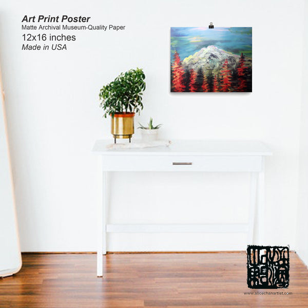 "Mount Rainier in Blue Sky", Art Print Matte Paper Museum Quality Poster,Made in USA - alicechanart