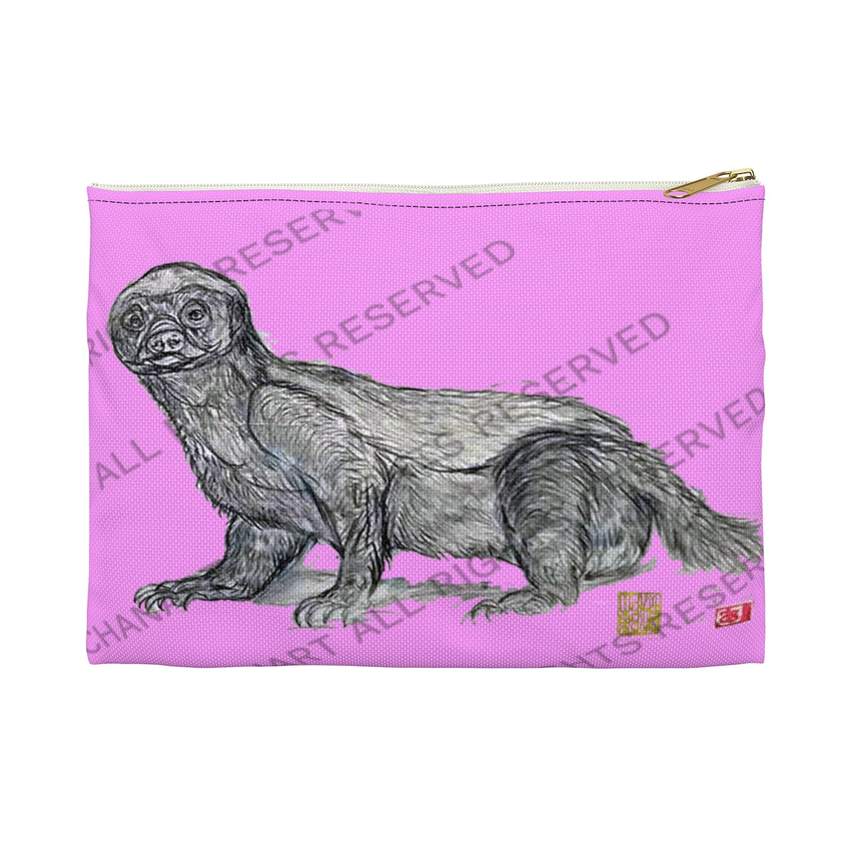 Pink Honey Badger Cute Small 9"x6" Or Large 12"x9" Size Flat Accessory Pouch- Made in USA - alicechanart