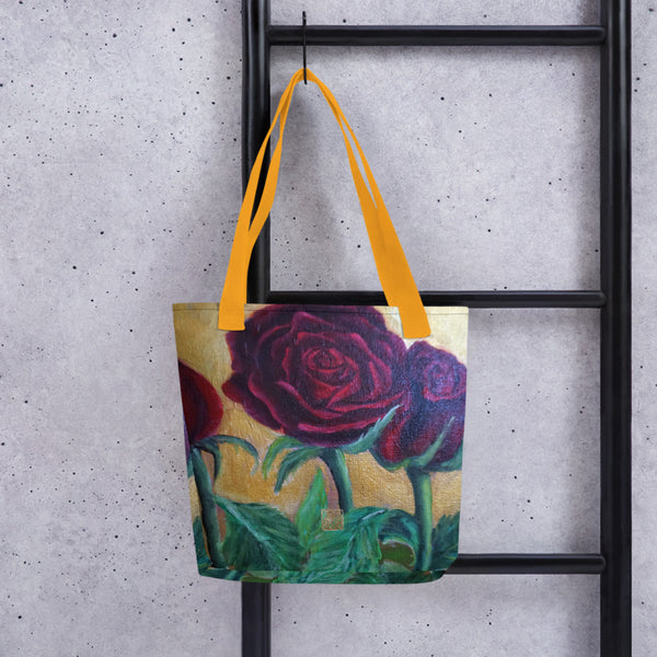 Red Roses In Gold Accent Floral Print 15"x15"Art Designer Tote Bag, Made in USA/ EU - alicechanart