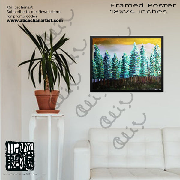 "Trees in Golden Sky", Mountain Pine Trees, Framed Poster, Made in USA - alicechanart