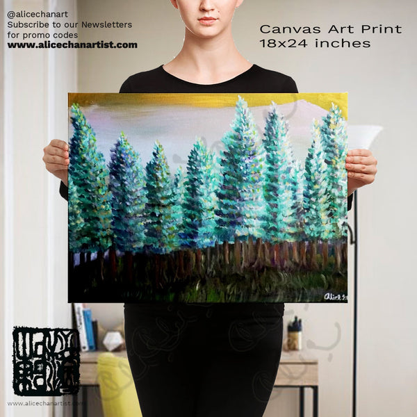 "Trees in Golden Sky", Pine Trees Mountain Canvas Art Print, Pacific Northwest Art, Made in USA - alicechanart