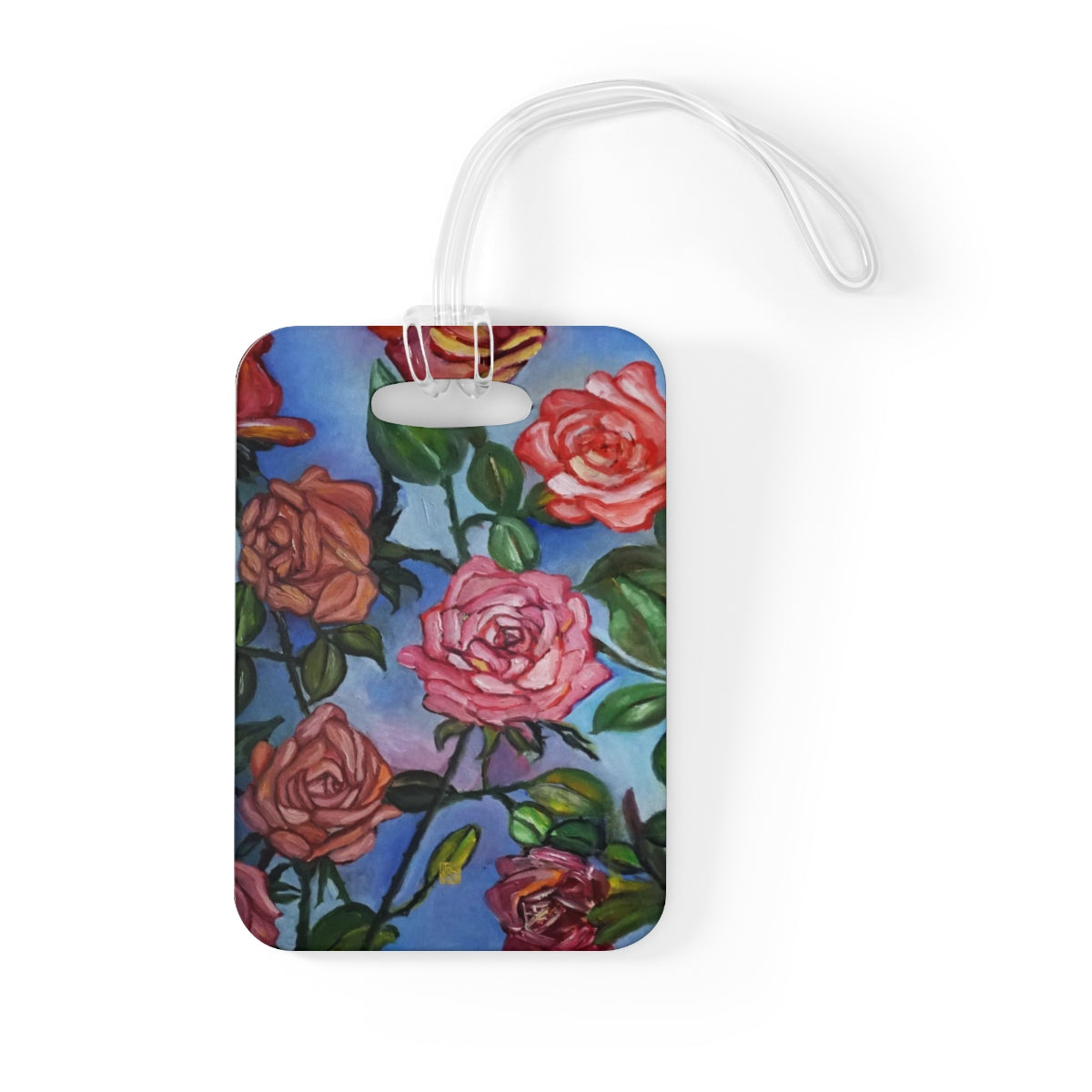 Pink Roses in Blue Sky, Rose Floral, Glossy Lightweight Plastic Bag Tag, Made in USA - alicechanart