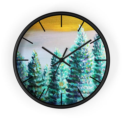 Trees in Golden Sky, 10" Diameter PNW Pine Trees Fine Art Wooden Wall Clock, Made in USA - alicechanart Pine Trees Wall Clock, Trees in Golden Sky, 10" Diameter PNW Fine Art Wooden Wall Clock, Made in USA