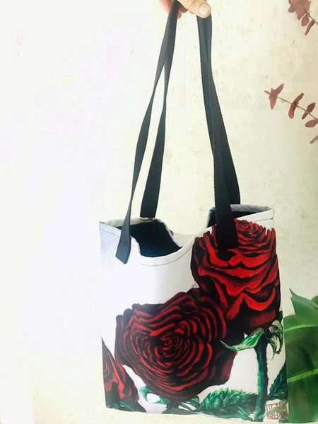 Triple Red Roses in Silver, Spun Polyester Fabric 15" x 15" Size Dual Handles Tote Bag - alicechanart