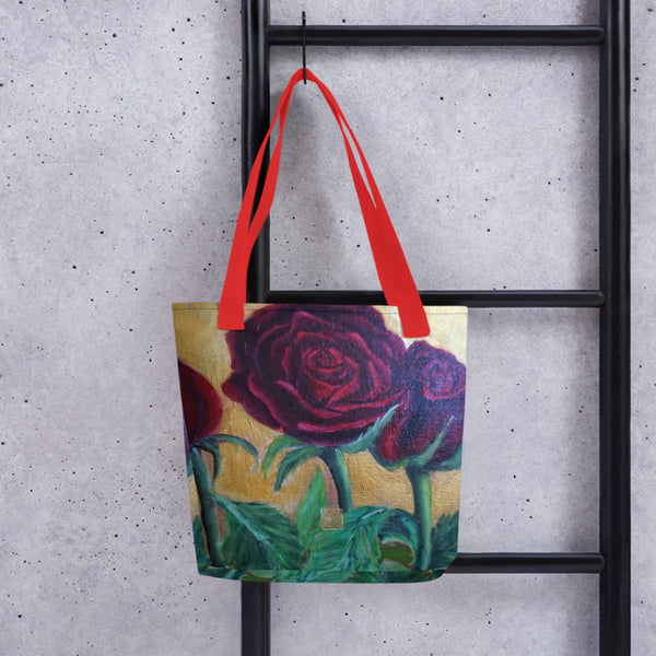 Red Roses In Gold Accent Floral Print 15"x15"Art Designer Tote Bag, Made in USA/ EU - alicechanart