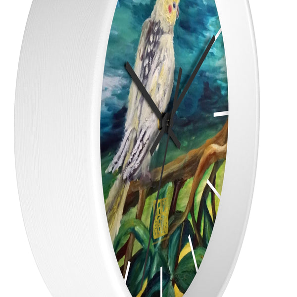 Cockatiel White Parrot Resting On A Tree Branch, 10" Dia. Wall Clock, Made in USA - alicechanart
