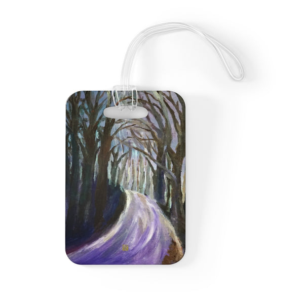 "Purple Hiking Trail", Tree Mountain Landscape, Glossy Lightweight Plastic Bag Tag, Made in USA - alicechanart