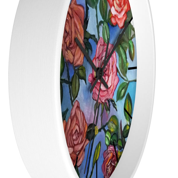 Pink Rose In Blue Sky, Floral Unique Modern Large 10" Wall Clock, Made In USA - alicechanart