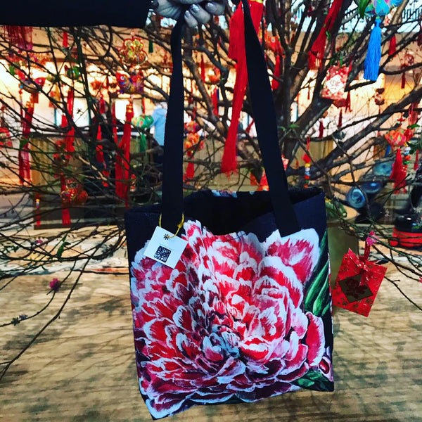 Chinese Red Peony in Black Floral Printed Women's 15"x15" Tote Bag, Made in USA - alicechanart