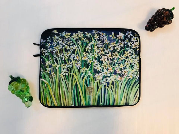 Narcissus Water Lilies, Designer Floral Print Laptop Sleeve Cover Case - 15 in/ 13 in - alicechanart