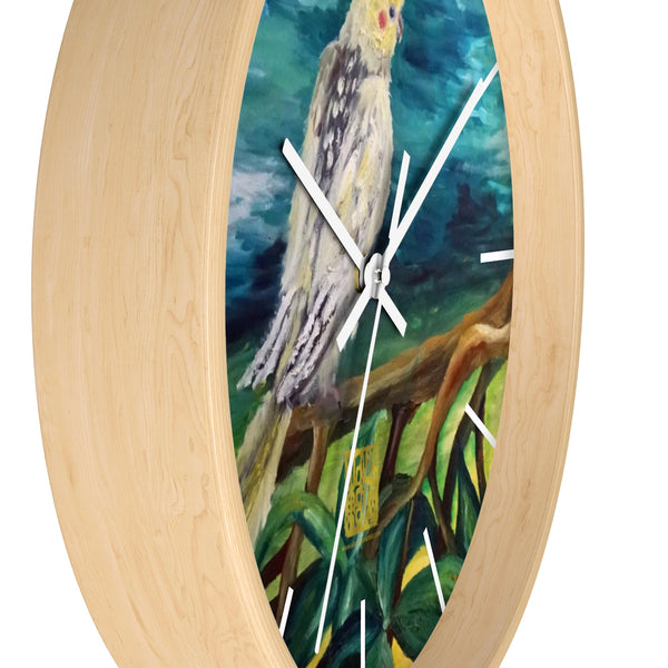 Cockatiel White Parrot Resting On A Tree Branch, 10" Dia. Wall Clock, Made in USA - alicechanart