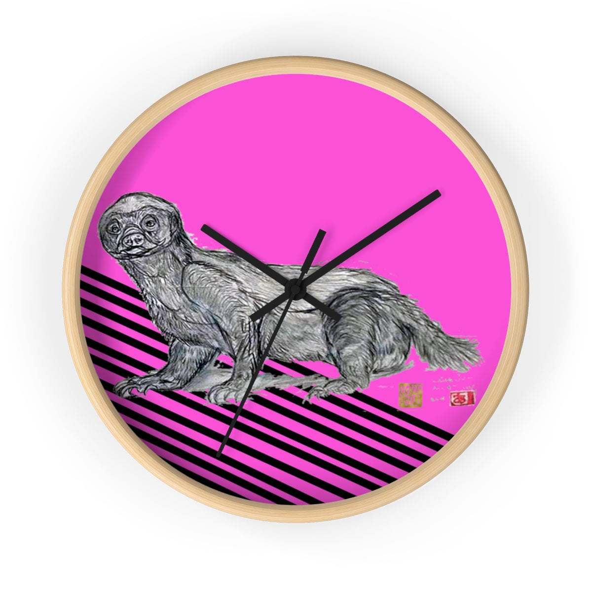 Pink Black Diagonal Striped Honey Badger Animal Art Modern Unique Wall Clock- Made in USA - alicechanart