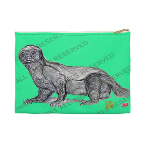 Turquoise Blue Honey Badger Small 9"x6" Or Large 12"x9" Size Flat Accessory Pouch- Made in USA - alicechanart