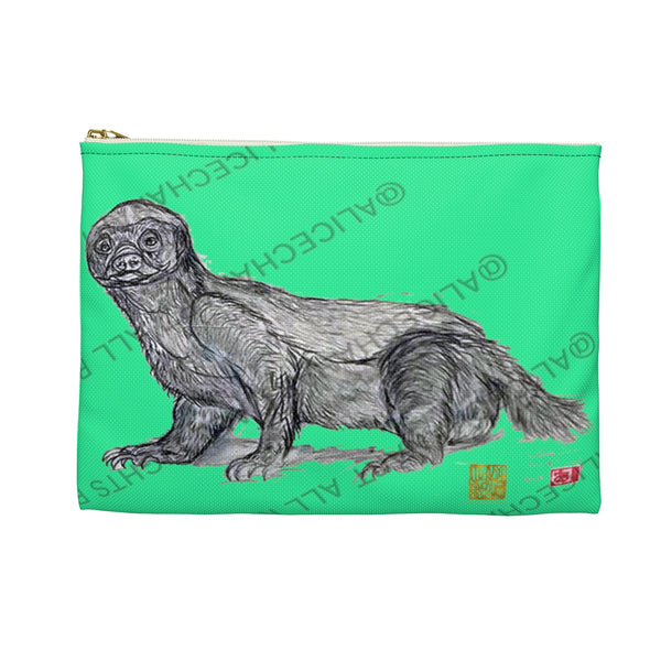 Turquoise Blue Honey Badger Small 9"x6" Or Large 12"x9" Size Flat Accessory Pouch- Made in USA - alicechanart