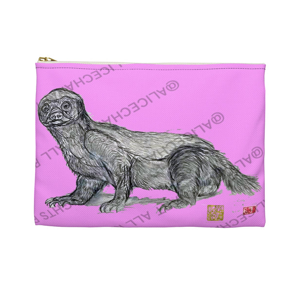 Pink Honey Badger Cute Small 9"x6" Or Large 12"x9" Size Flat Accessory Pouch- Made in USA - alicechanart