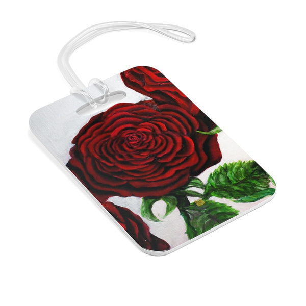 Romantic Triple Deep Red Roses in Silver, Floral Glossy Lightweight Plastic Bag Tag, Made in USA - alicechanart