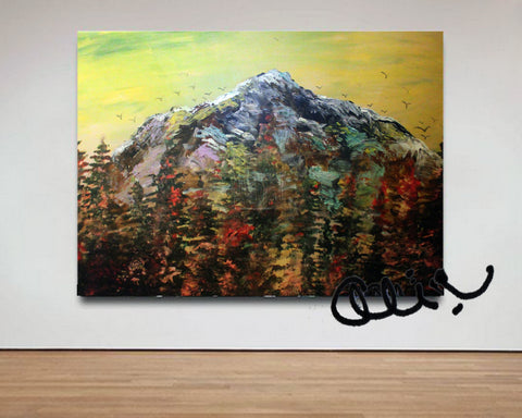 "Mountain Rainier in Yellow Sky", 24"x36", 2016, acrylic on canvas, original art, mountain artwork - alicechanart