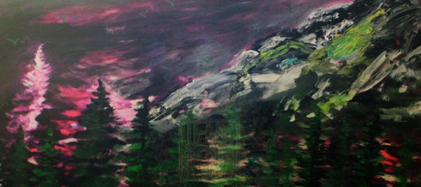 "Mountain Rainier in Purple Sky", 24"x36", 2016, acrylic on canvas, original art, mountain artwork - alicechanart