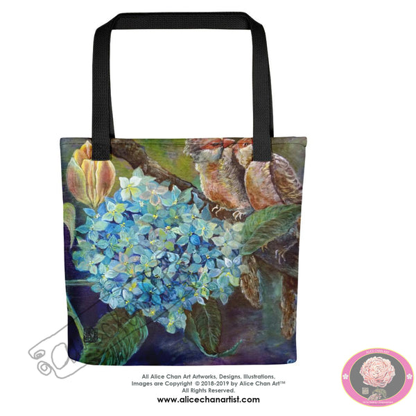 Happy Singing Birds Chirping on Branch, 15"x15" Square Art Tote Bag, Made in USA - alicechanart
