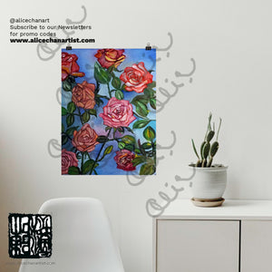 "Pink Roses Floating in Blue Sky", Poster Art Print, Made in USA - alicechanart