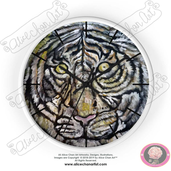 Golden-Eyed White Tiger, Tiger Face Art 10" Diameter Modern Wall Clock, Made in USA - alicechanart