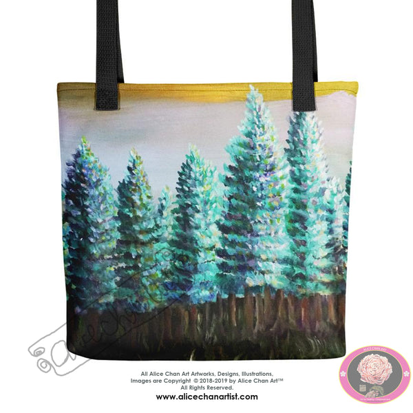 "Trees in Golden Sky", 15"x15" Pine Trees Landscape Print Tote Bag, Made in USA - alicechanart