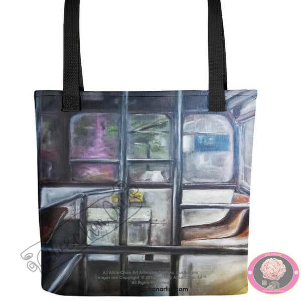 "Tram Interior Scene", 15"x15" Square Hong Kong Designer Tote Bag, Made in USA - alicechanart