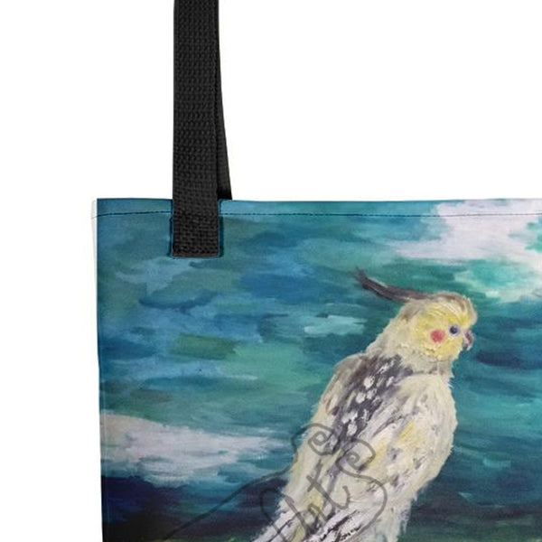 White Parrot Cockatoo Bird Art Print Designer 15"x15" Size Tote Bag, Made in USA - alicechanart