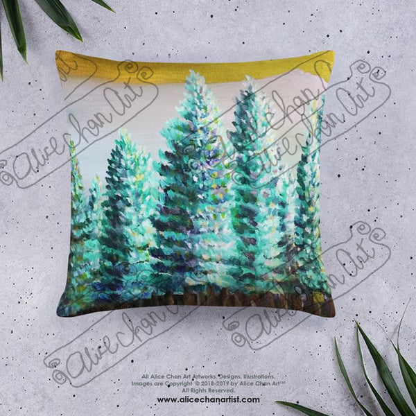 "Trees in Golden Sky", Pine Trees Mountain Designer Basic Pillow 18"x18"/ 20"x12", Made in USA - alicechanart
