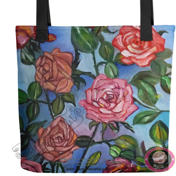 "Pink Roses Floating in Blue Sky", 15"x15" Square Designer Tote Bag, Made in USA - alicechanart