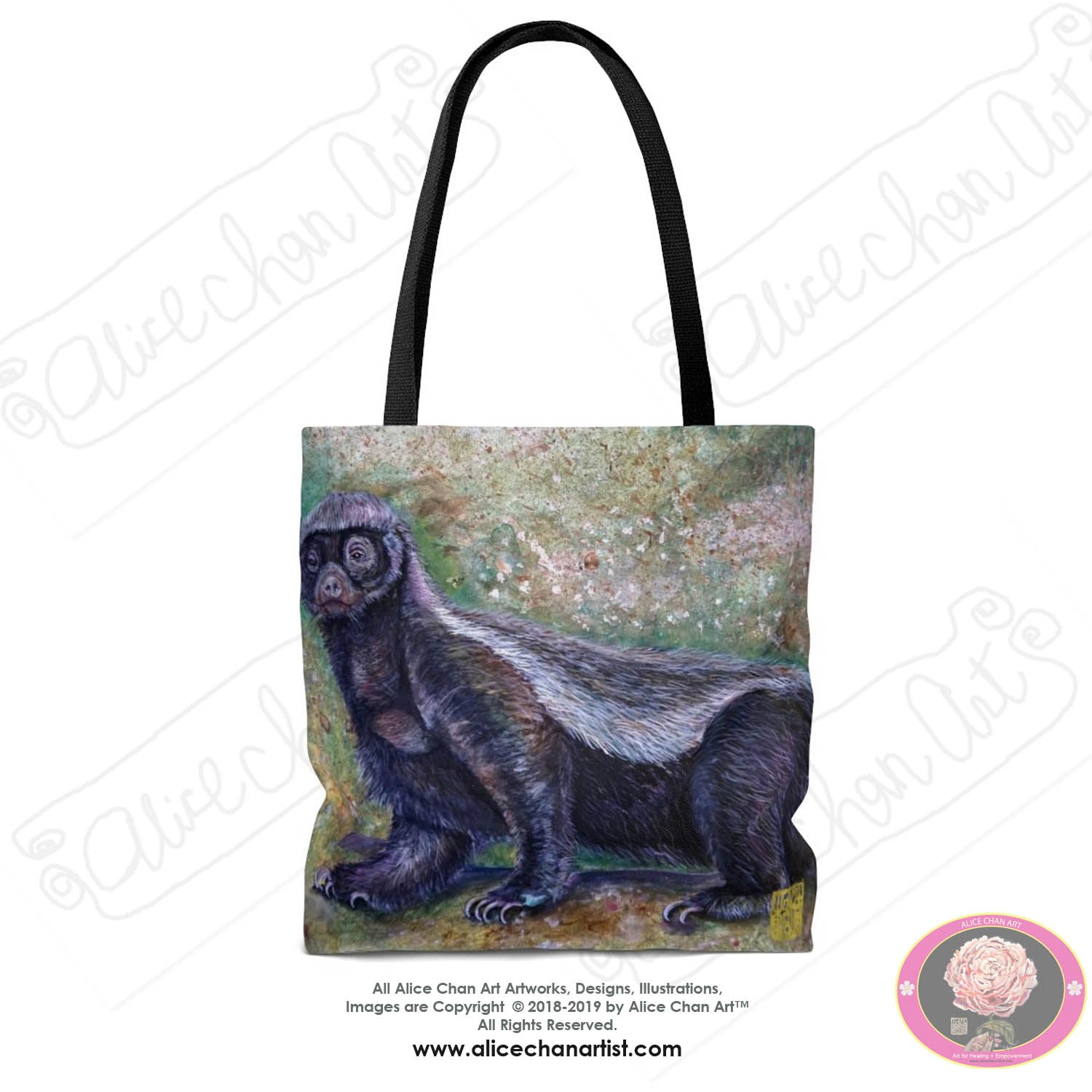 Wildlife Art, Jambo, the Honey Badger, Animal Art Square Tote Bag - Made in USA - alicechanart