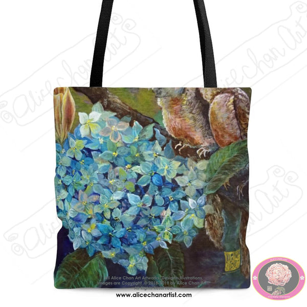 Morning Chirping Bird Fine Art Floral Square Polyester Tote Bag  - Made in USA - alicechanart