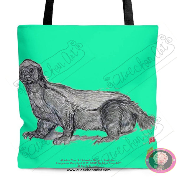 Turquoise Blue Jambo, the Honey Badger, Square Polyester Tote Bag- Made in USA - alicechanart
